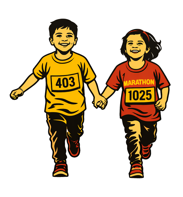 Happy young runners in orange and white World Unity Run 2025 