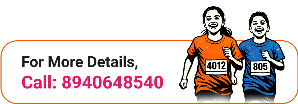 young girl smiling and running in an orange 'world unity run 2025' shirt, next to text that reads 'for more details, call: 8940648540'