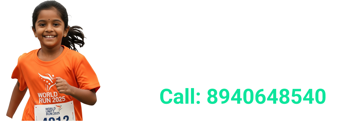 young girl smiling and running in an orange 'world unity run 2025' shirt, next to text that reads 'for more details, call: 8940648540'